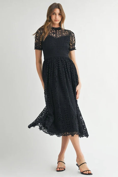 Short Sleeve Lace Midi Dress Black