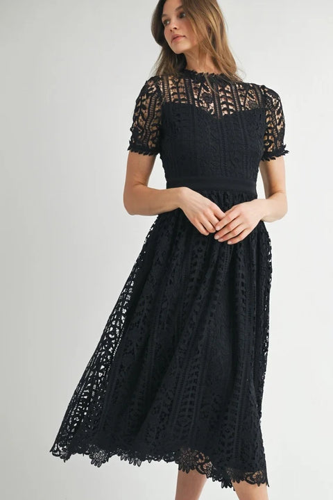 Short Sleeve Lace Midi Dress Black