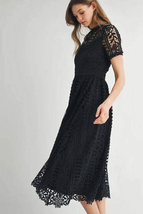 Short Sleeve Lace Midi Dress Black