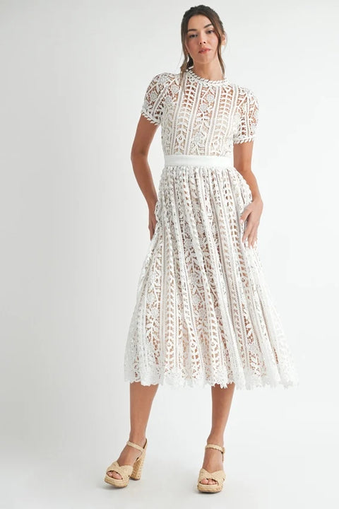 Elegant Short Sleeve Lace Midi Dress in White