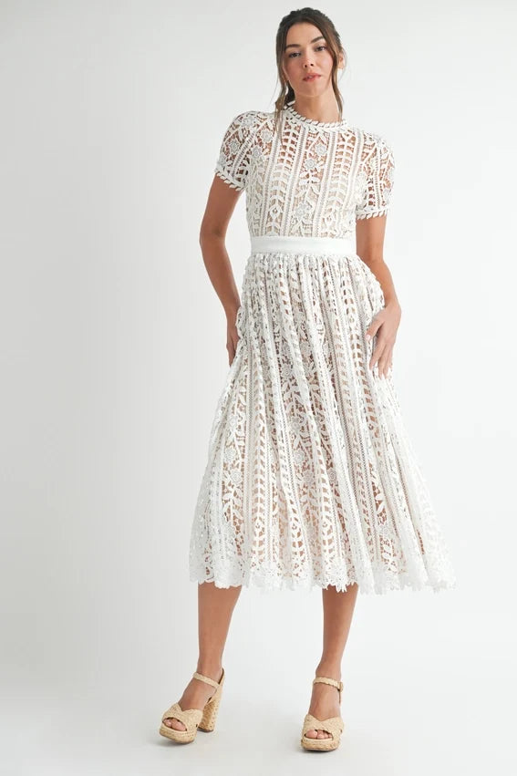 Short Sleeve Lace Midi Dress White