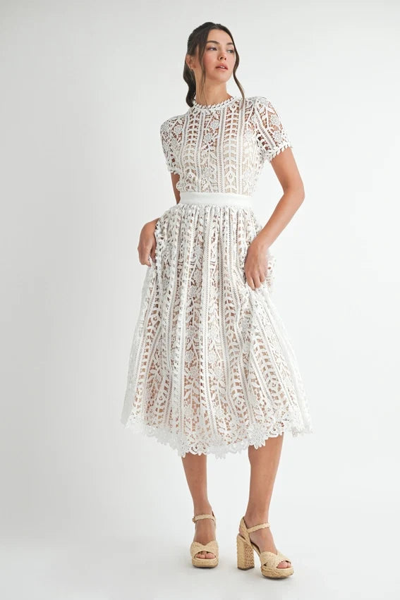 Short Sleeve Lace Midi Dress White