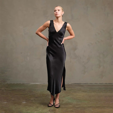 Side Slit Satin Midi Dress Women's Elegant Evening Dress