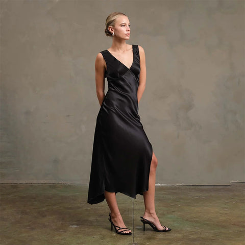 Side Slit Satin Midi Dress Women's Elegant Evening Dress