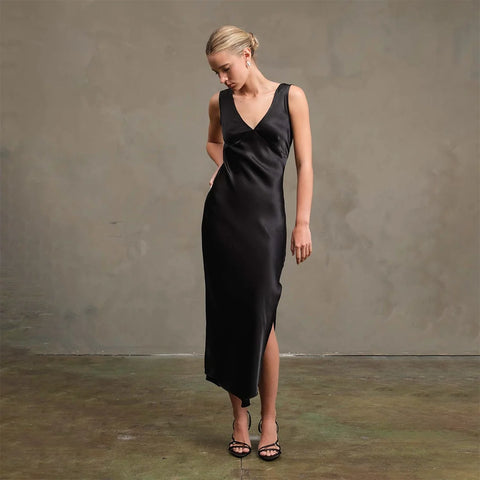 Side Slit Satin Midi Dress Women's Elegant Evening Dress