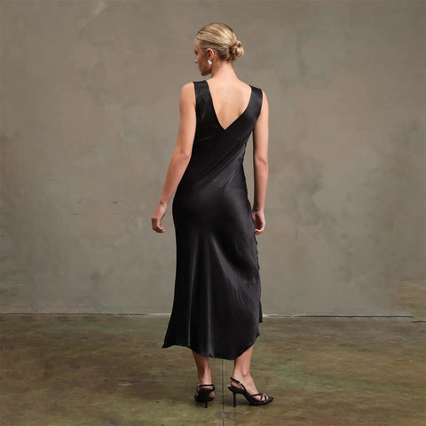 Side Slit Satin Midi Dress Women's Elegant Evening Dress