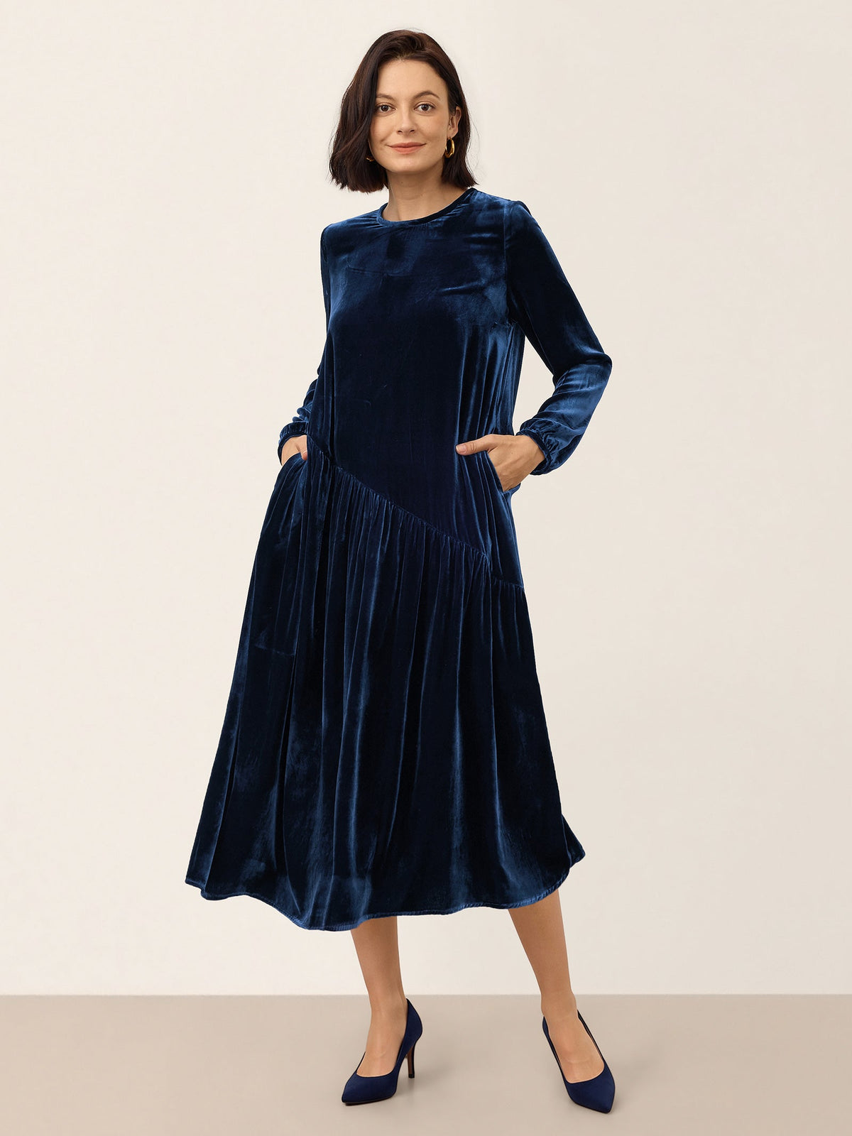 100% Silk Velvet Draped Pleat Relaxed Midi Dress ZELARA