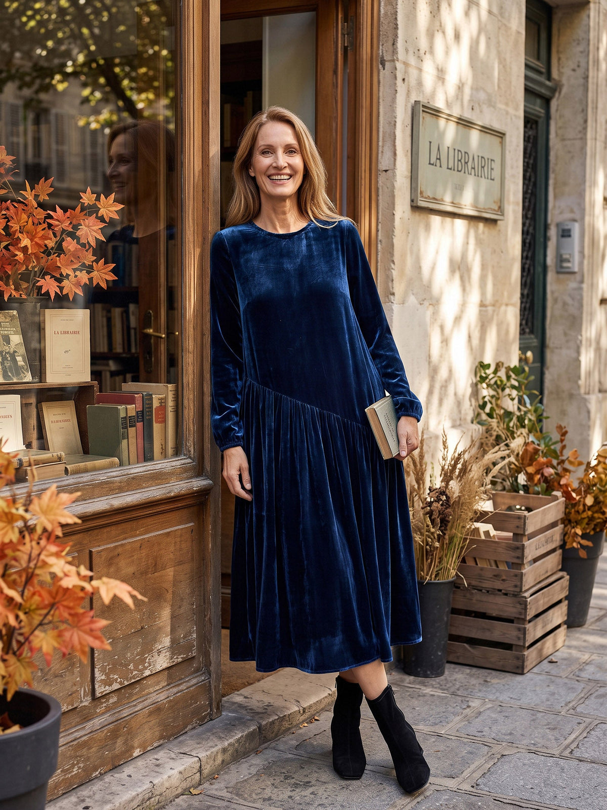 100% Silk Velvet Draped Pleat Relaxed Midi Dress ZELARA