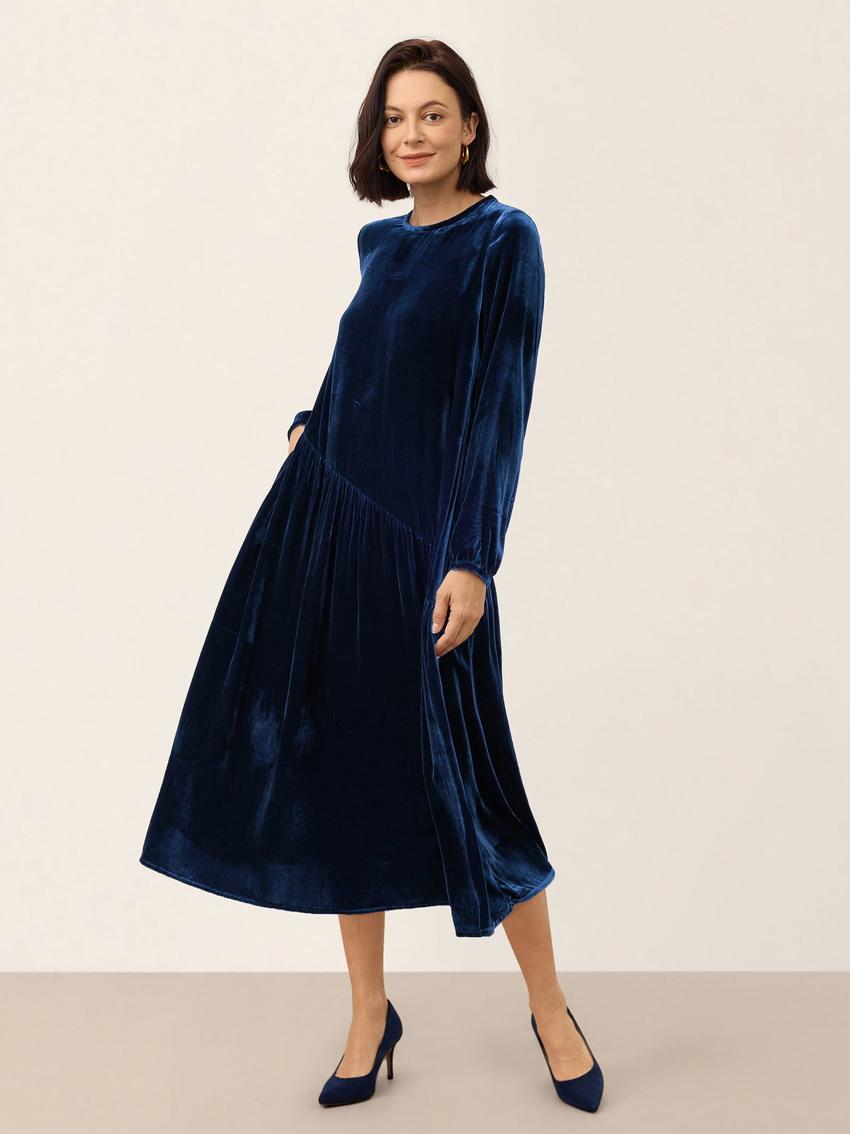 100% Silk Velvet Draped Pleat Relaxed Midi Dress ZELARA