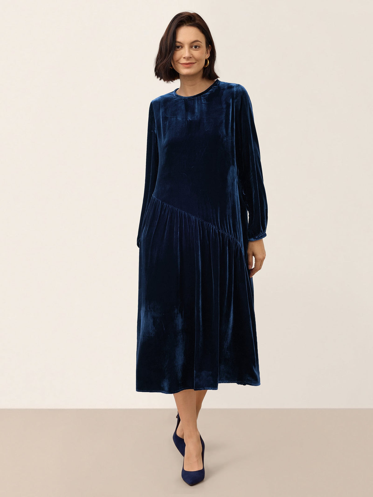 100% Silk Velvet Draped Pleat Relaxed Midi Dress ZELARA