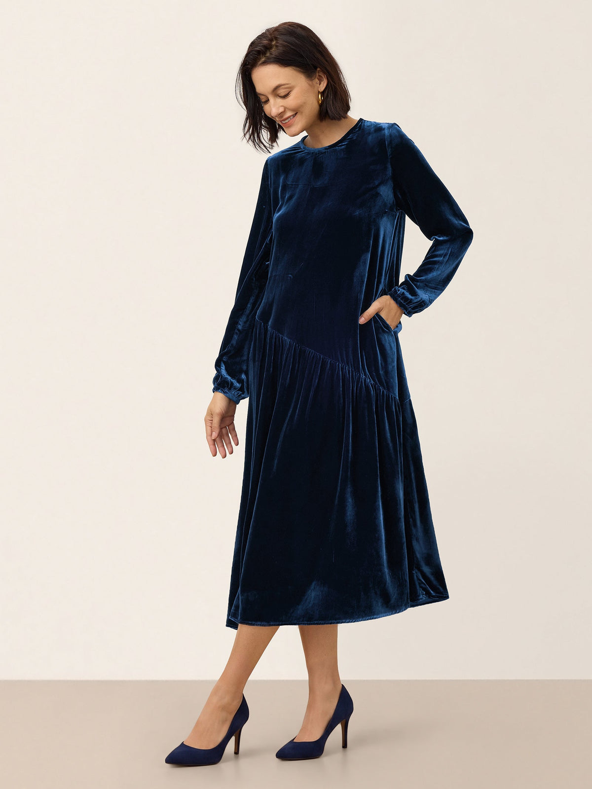 100% Silk Velvet Draped Pleat Relaxed Midi Dress ZELARA