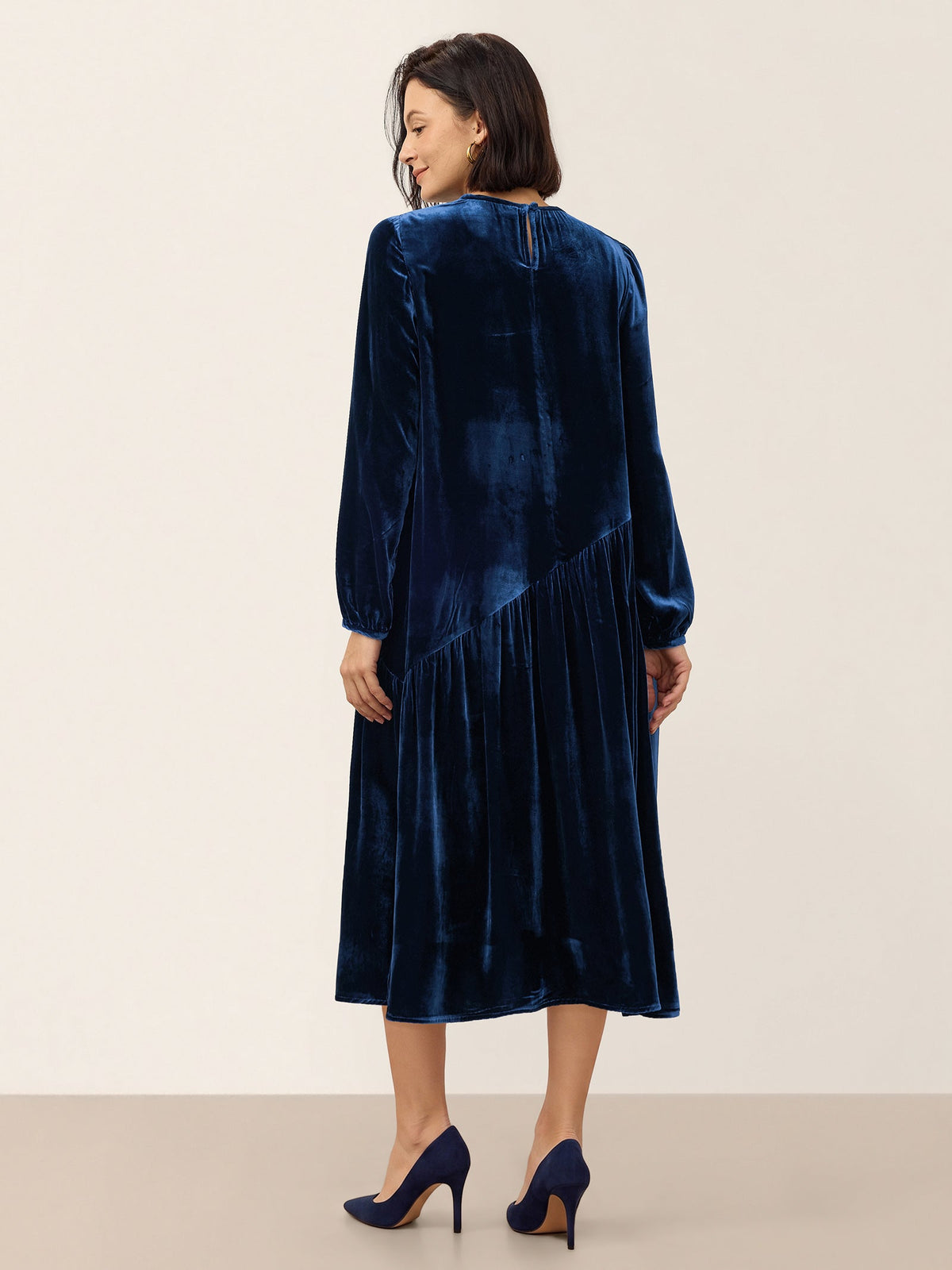 100% Silk Velvet Draped Pleat Relaxed Midi Dress ZELARA