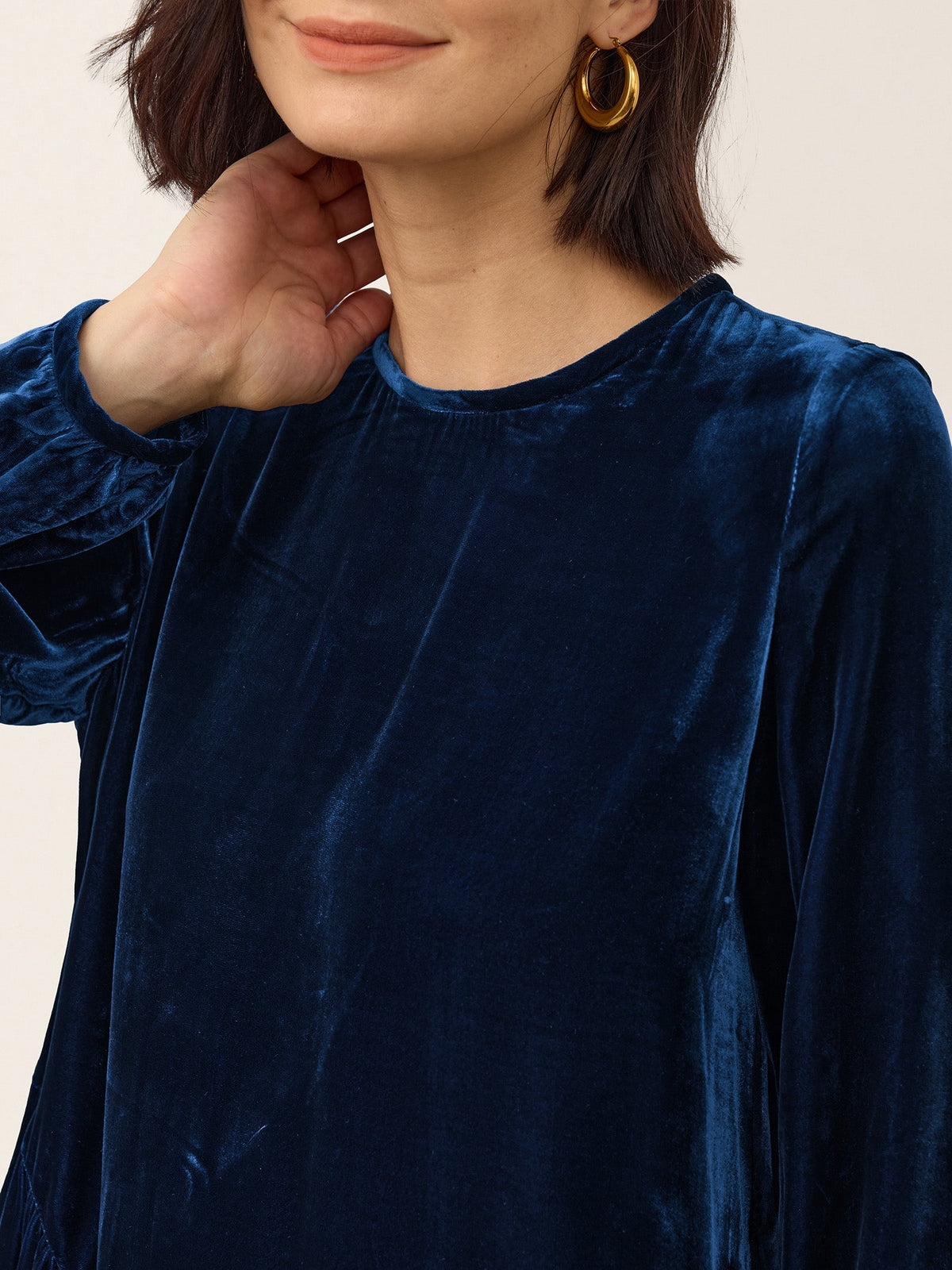 100% Silk Velvet Draped Pleat Relaxed Midi Dress ZELARA