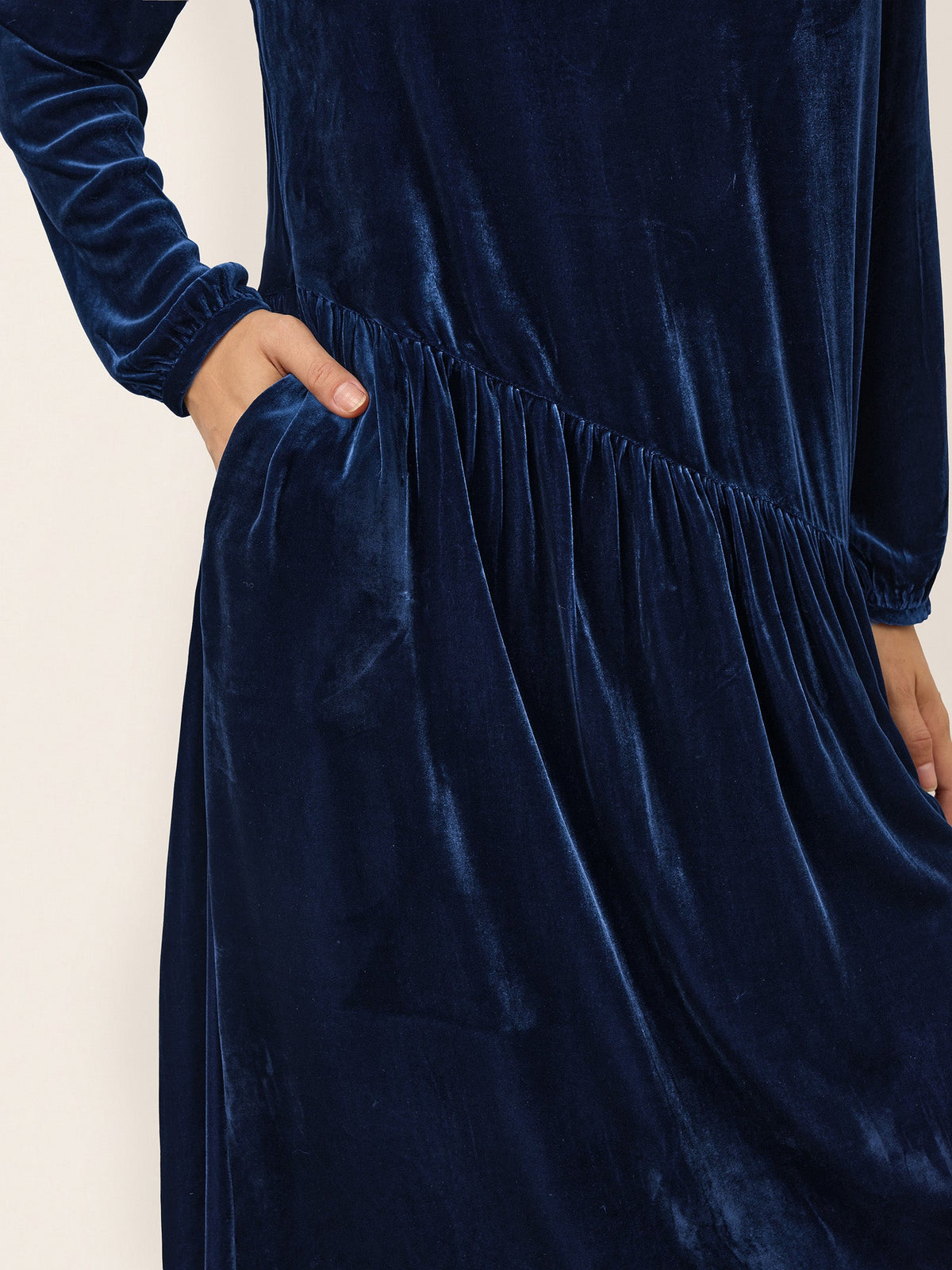 100% Silk Velvet Draped Pleat Relaxed Midi Dress ZELARA