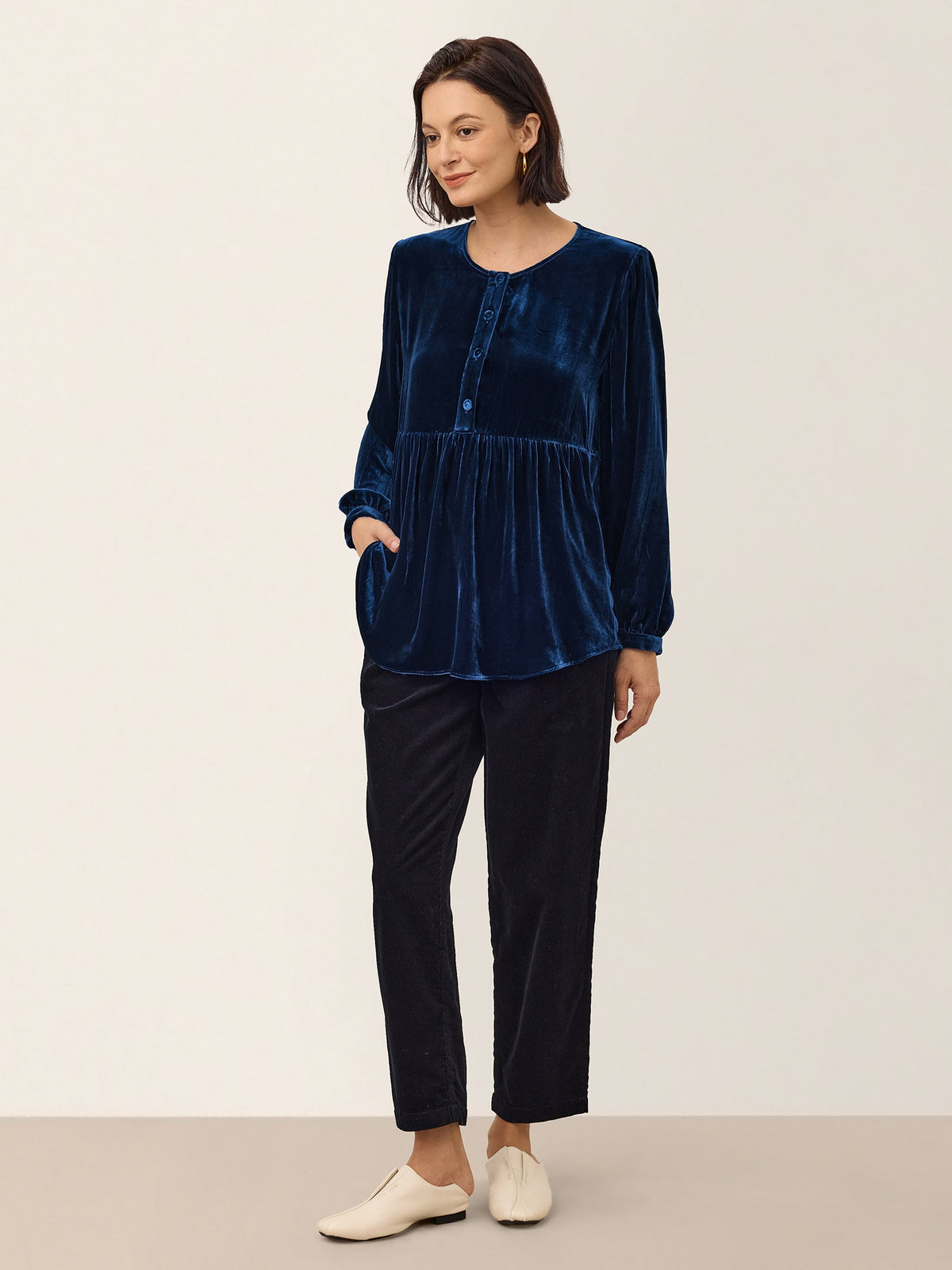 100% Silk Velvet Gathered Waist Half Placket Top MIRELLE