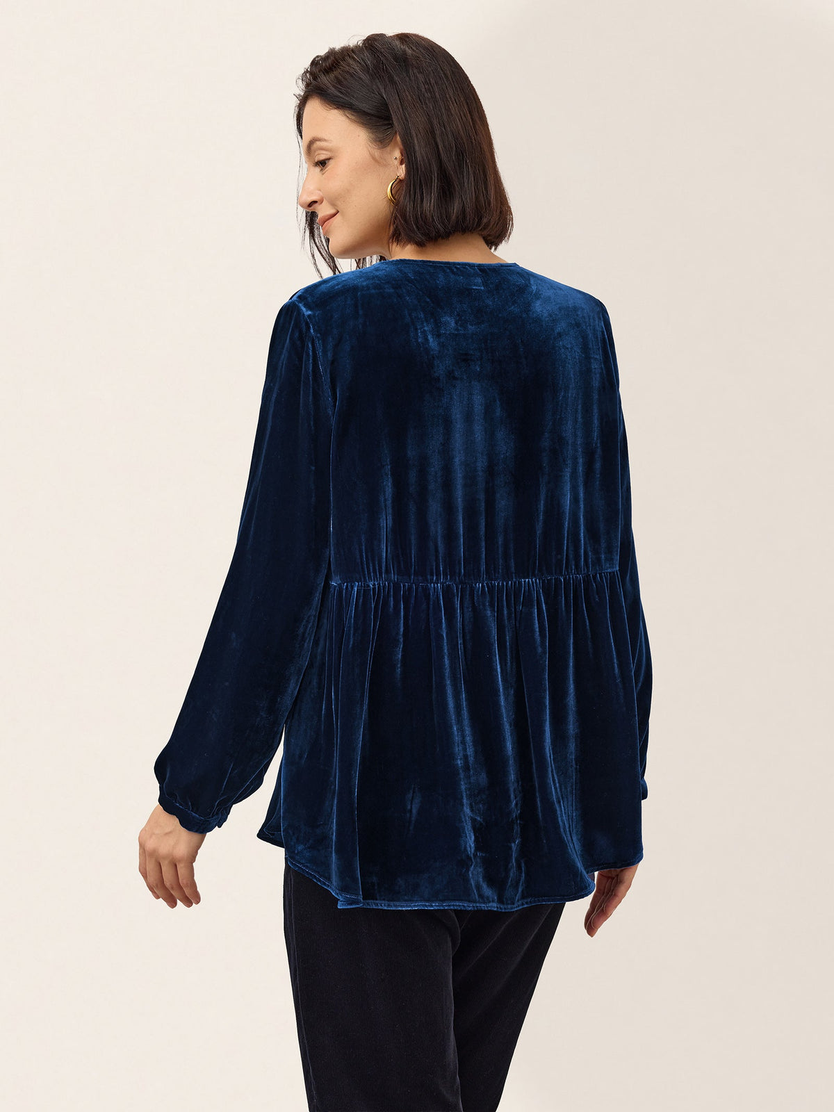 100% Silk Velvet Gathered Waist Half Placket Top MIRELLE