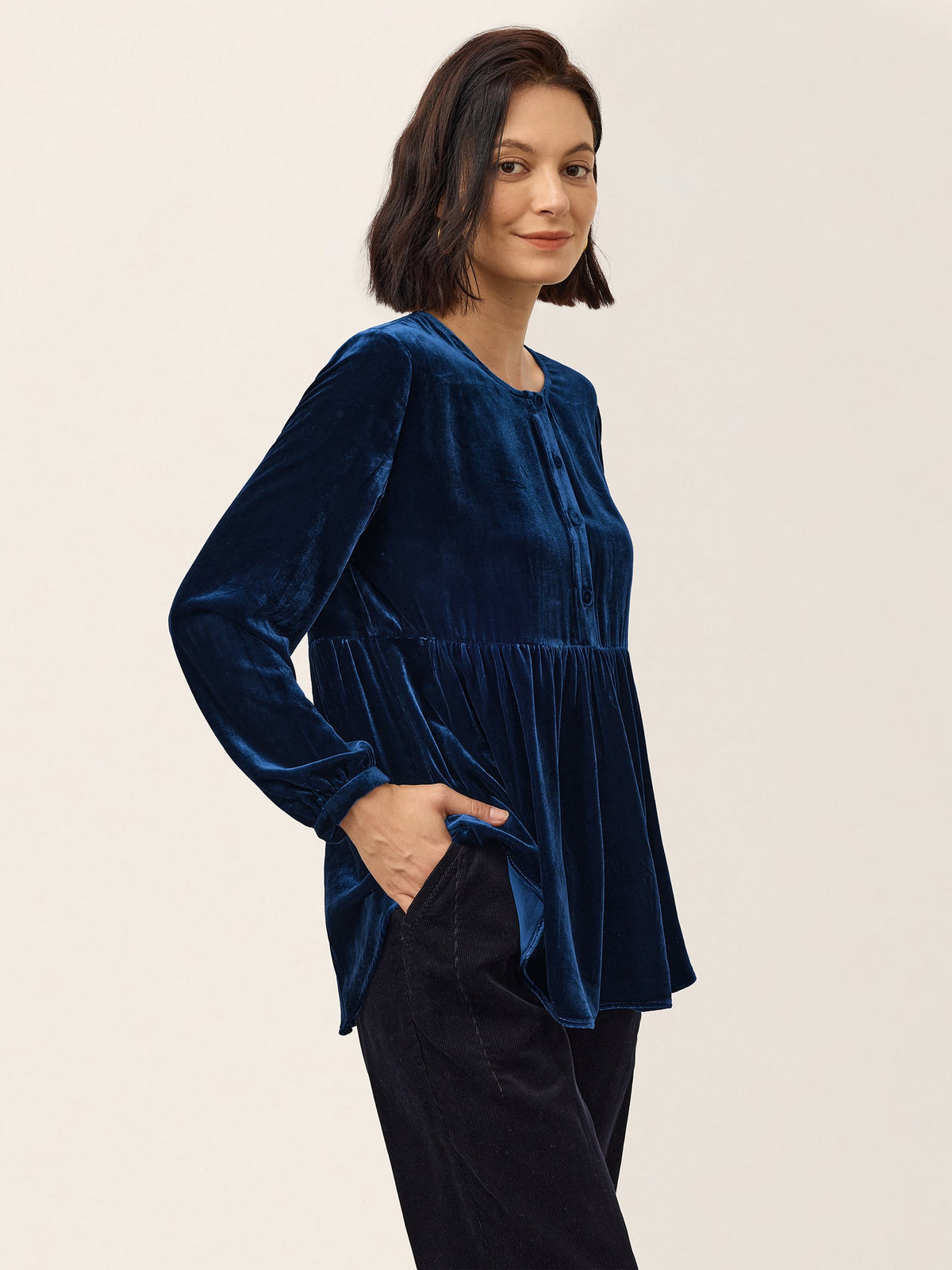 100% Silk Velvet Gathered Waist Half Placket Top MIRELLE