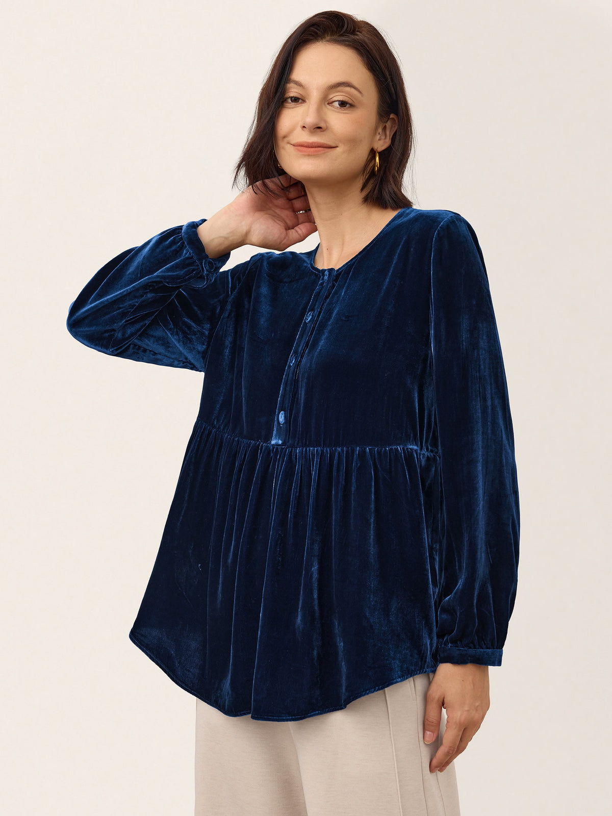 100% Silk Velvet Gathered Waist Half Placket Top MIRELLE