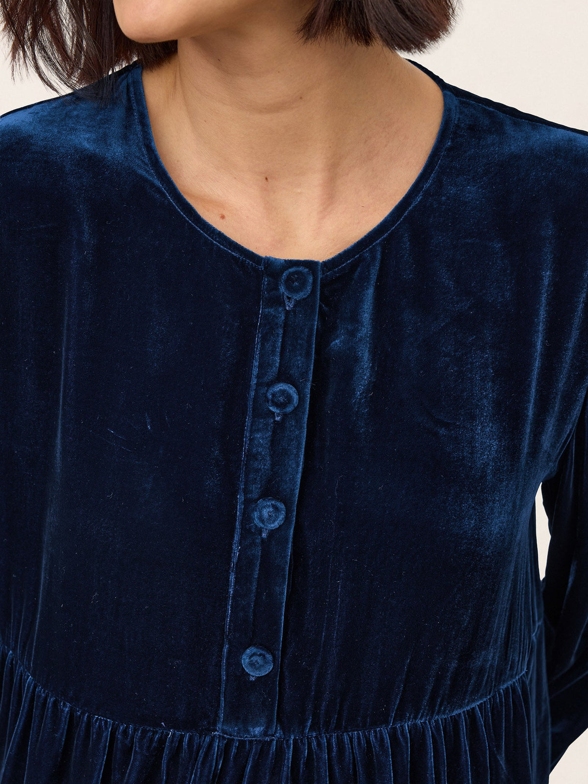 100% Silk Velvet Gathered Waist Half Placket Top MIRELLE