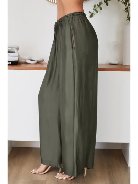 Silky Wide Leg Pants - Army Green