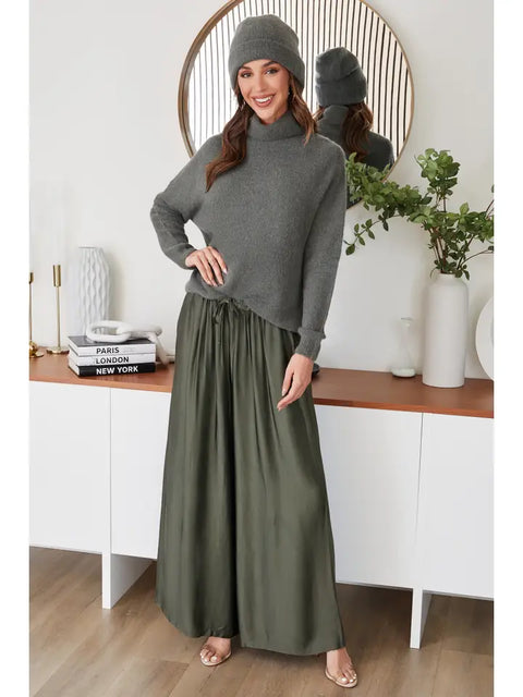 Silky Wide Leg Pants - Army Green