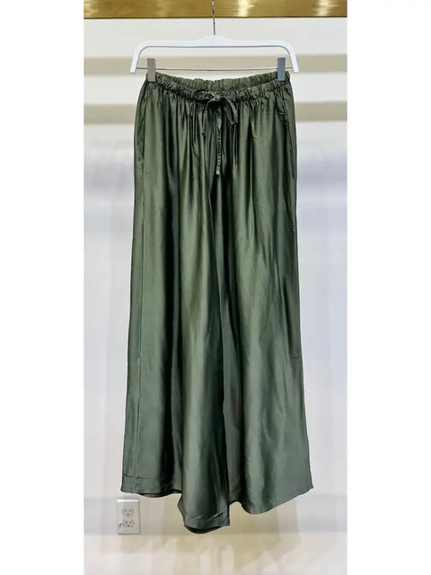 Silky Wide Leg Pants - Army Green