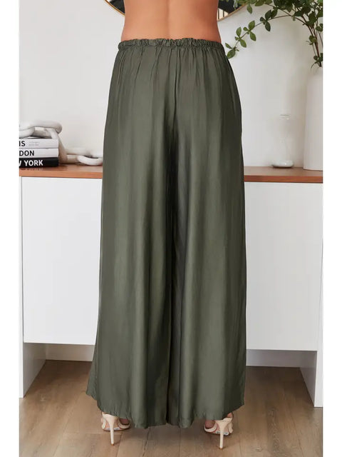 Silky Wide Leg Pants - Army Green