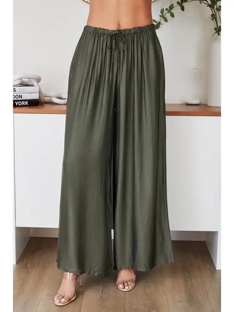 Silky Wide Leg Pants - Army Green