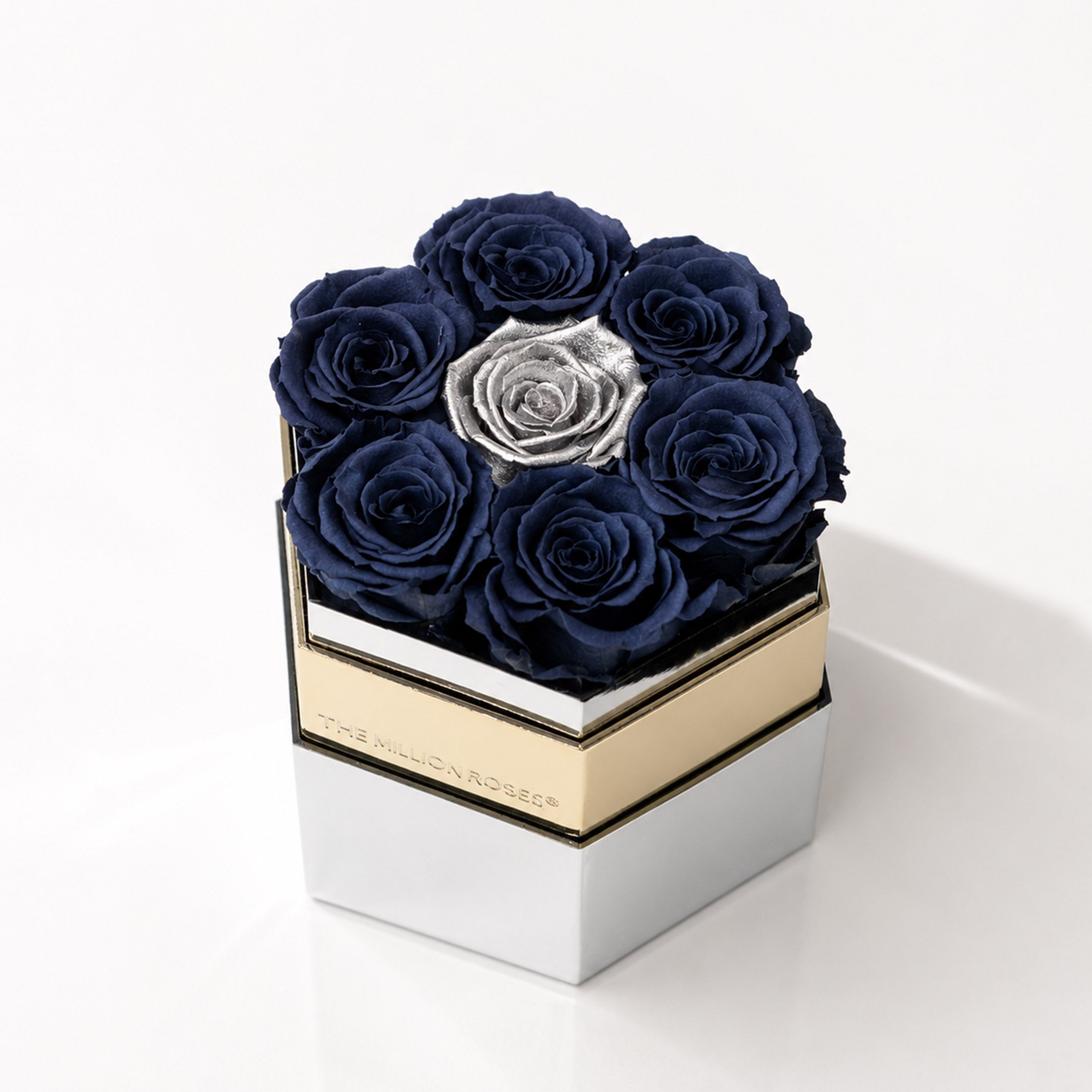 One in a Million™ Mirror Silver Hexagon Box | Smoky Blue & Silver Roses