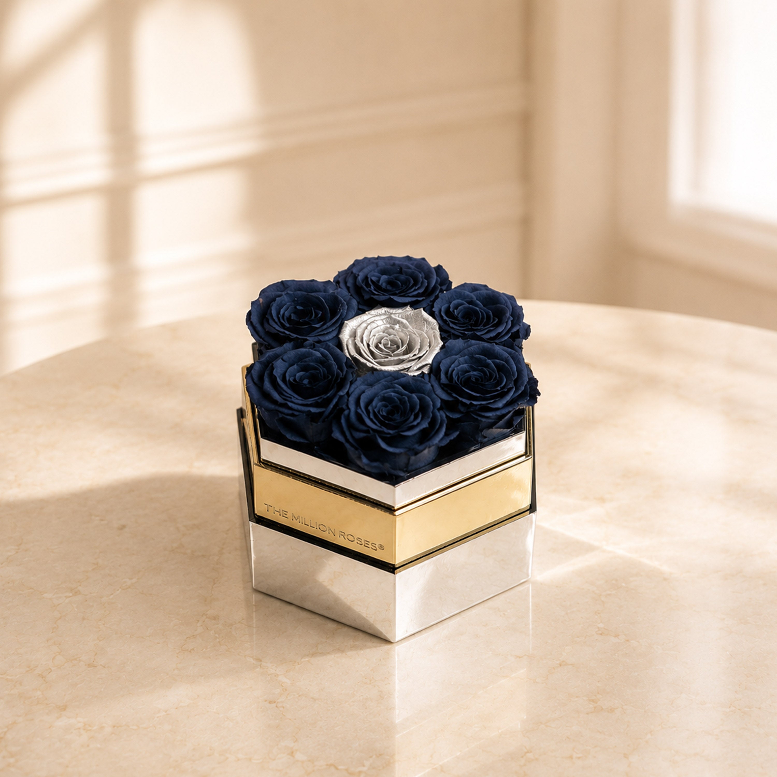 One in a Million™ Mirror Silver Hexagon Box | Smoky Blue & Silver Roses