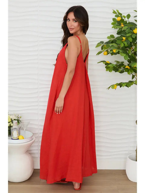 Sleeveless Maxi Dress with Pockets Loose Fit Red Women's Dress