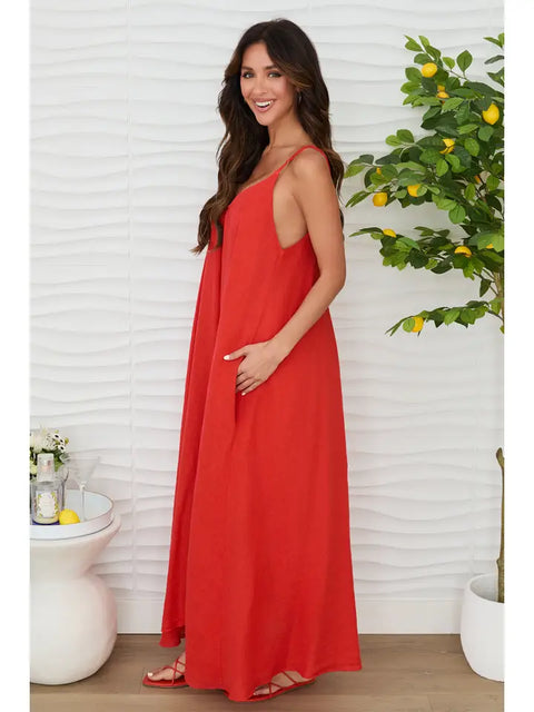 Sleeveless Maxi Dress with Pockets Loose Fit Red Women's Dress