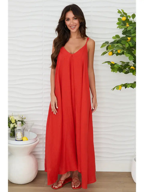 Sleeveless Maxi Dress with Pockets Loose Fit Red Women's Dress