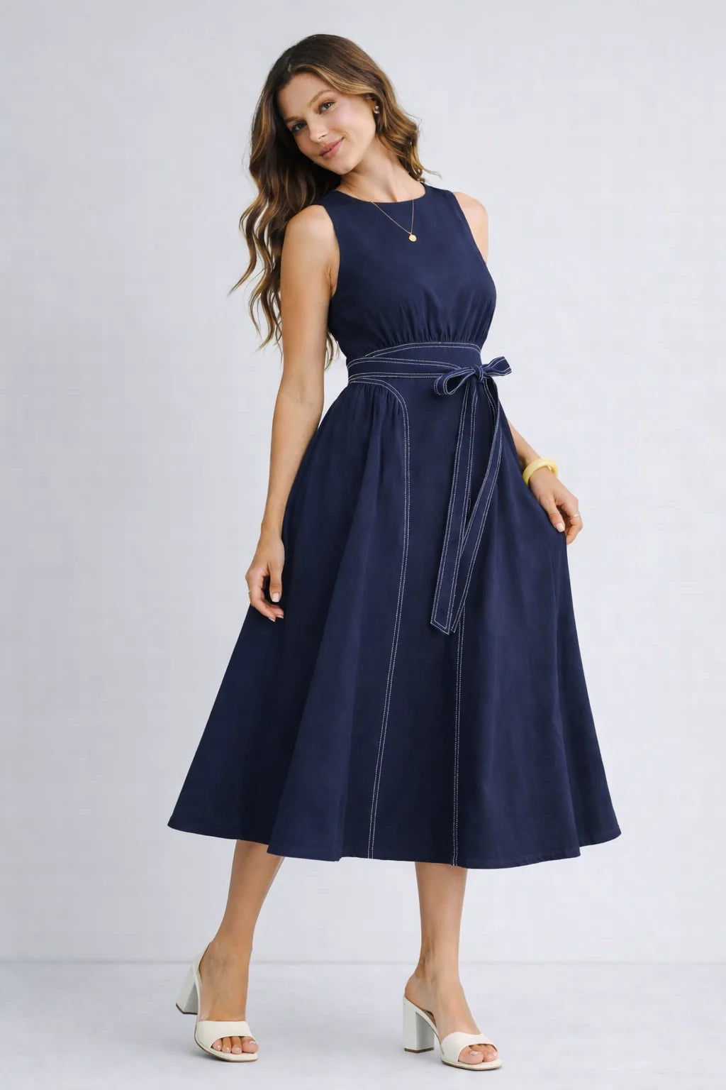 Sleeveless Midi Dress with Waist Tie