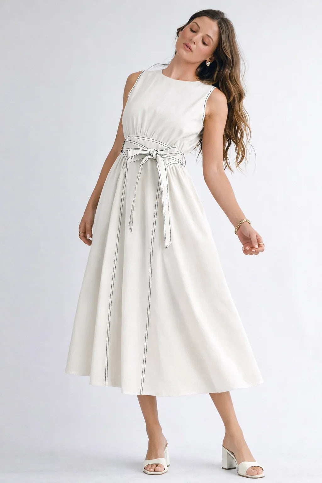 Sleeveless Midi Dress with Waist Tie