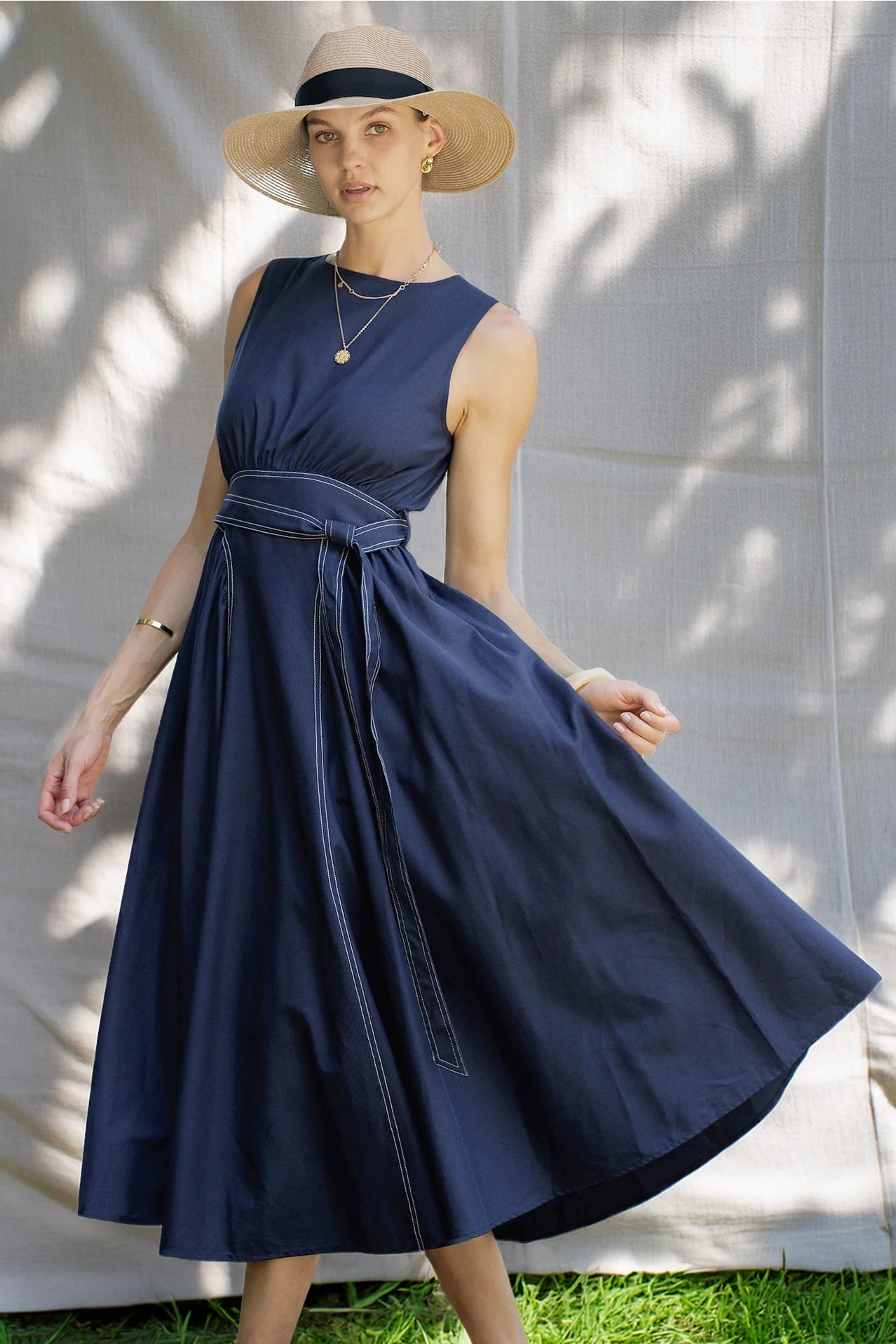 Sleeveless Midi Dress with Waist Tie