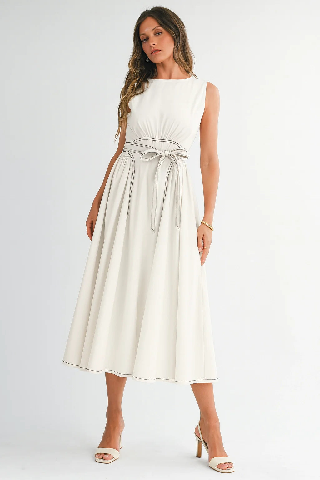 Sleeveless Midi Dress with Waist Tie