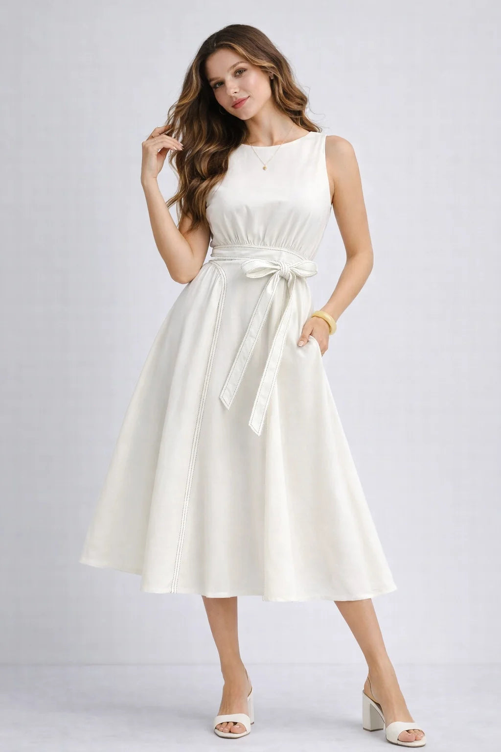 Sleeveless Midi Dress with Waist Tie