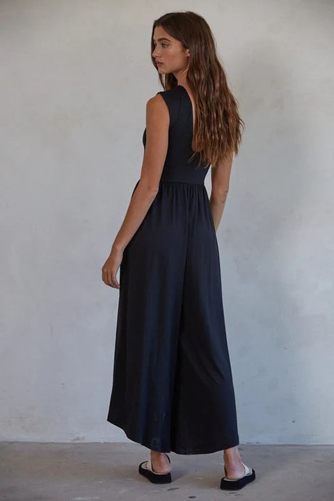 Knit Polyester Spandex Open Back Wide Leg Jumpsuit