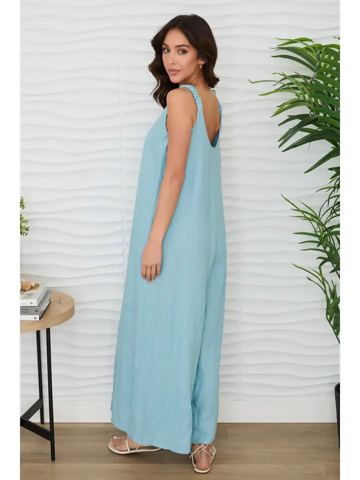 Sleeveless V-Neck Wide Leg Loose Jumpsuit - Blue Zuccero