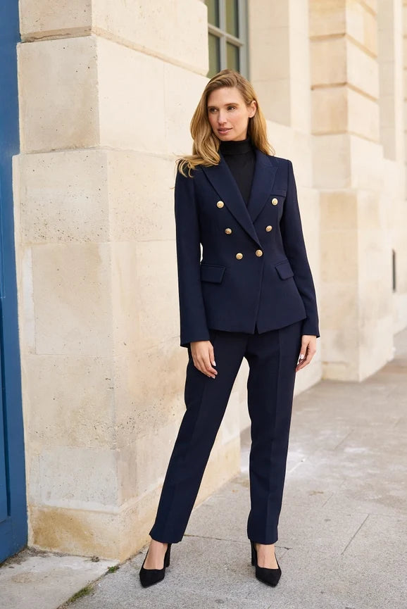 Slim Blazer Jacket With Gold Buttons Winter Material - Navy Blue