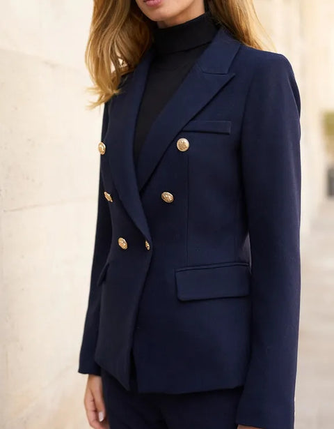 Slim Blazer Jacket With Gold Buttons Winter Material - Navy Blue
