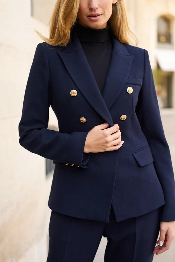 Slim Blazer Jacket With Gold Buttons Winter Material - Navy Blue