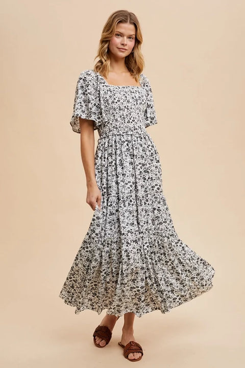 Smocked Floral Maxi Dress with Square Neck in Off White