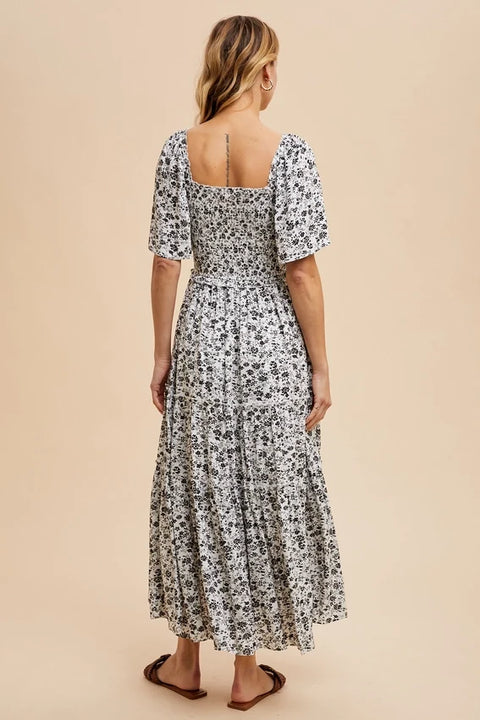 Smocked Floral Maxi Dress with Square Neck in Off White
