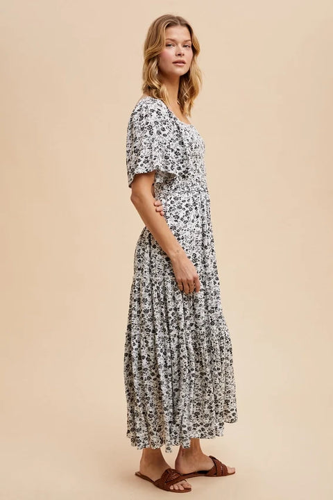Smocked Floral Maxi Dress with Square Neck in Off White