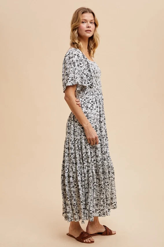 Smocked Floral Square Neck Maxi Dress OFF WHITE