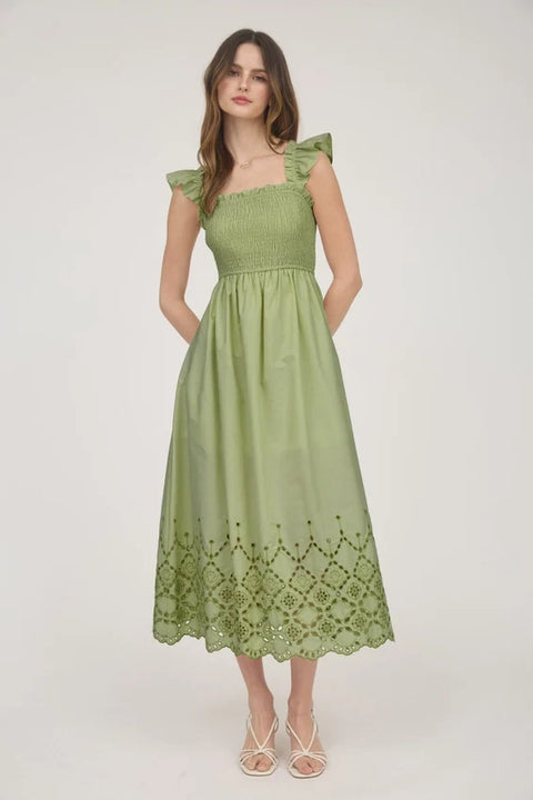 Smocked Midi Dress with Ruffle Sleeves and Eyelet Hem in Light Kiwi