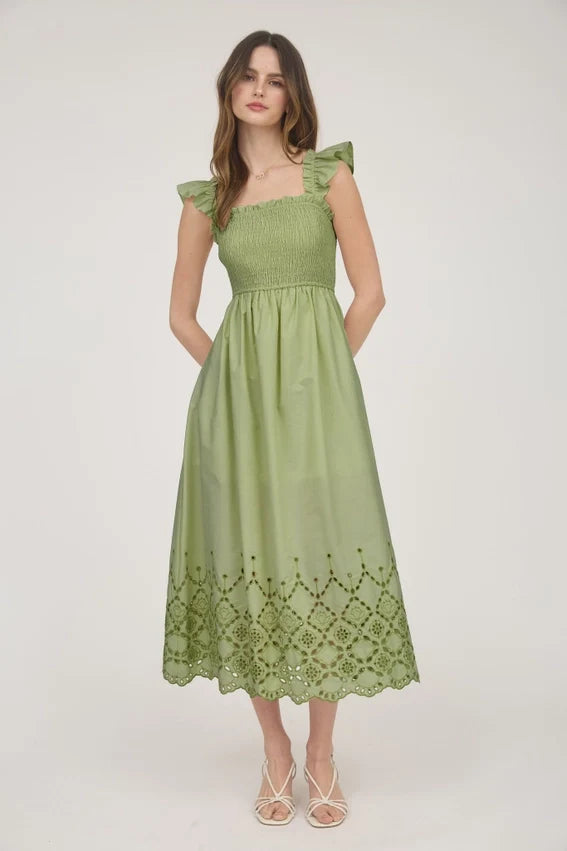 Smocked Ruffle Sleeve Eyelet Hem Midi Dress - LIGHT KIWI