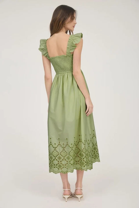 Smocked Midi Dress with Ruffle Sleeves and Eyelet Hem in Light Kiwi